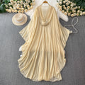 High-End Crystal Beaded V-Neck Hooded Flared Sleeve Irregular Chiffon Dress