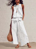 Women's Summer Casual Linen Cotton Sleeveless Ruffle Wide Leg Pants 2-Piece Set 2026 - Red