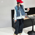 Girls' Lace Trim Base Layer Denim Vest Wide-Leg Pants Three-Piece Set