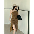 Two-Tone Pleated Camisole Slit Dress, Mature Elegant