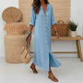 2026跨境女士中长袖V领纽扣前襟长裙宽松连衣裙休闲通勤春夏秋