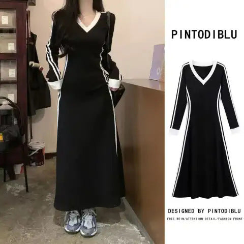 French Style V-Neck A-Line Dress - Waist-Cinching Short Sleeve Long Dress Women