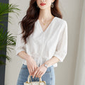 Summer Petite Embroidered Cotton Half Sleeve V-Neck Hollow-Out Cropped Shirt