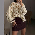 Solid Hollow-Out Crochet Knit Long Sleeve Beach Cover-Up Sweater
