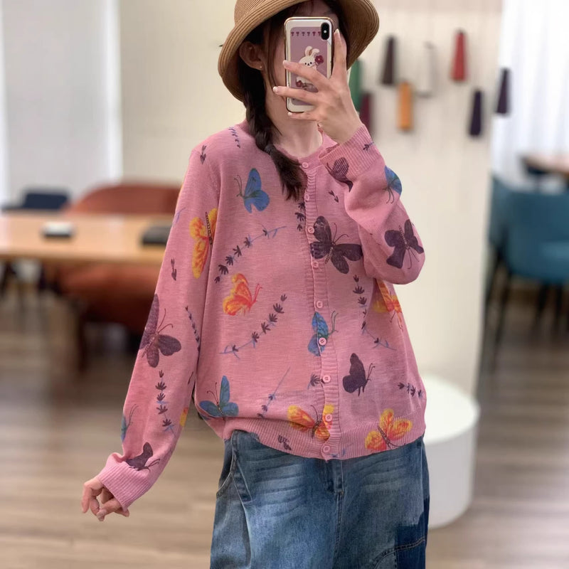 Women's Spring-Summer Casual Fashion Linen Cotton Printed Lightweight Loose Cardigan - Pink