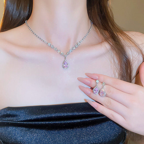 Western Exquisite Rhinestone Geometric Square Teardrop Necklace Set Exquisite Clavicle Chain Light Luxury Premium Necklace