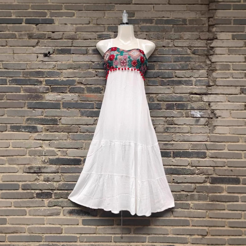 Ethnic Style Cotton Linen Embroidered Camisole Beach Dress
