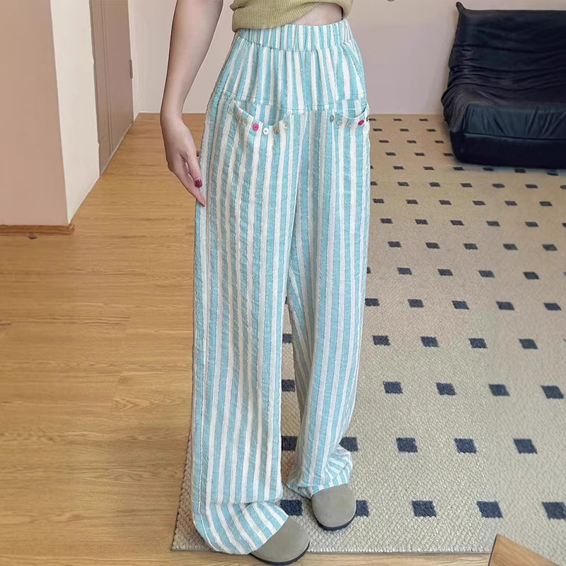 Spring-Summer Korean Casual Plus Size High Waist Striped Drapey Loose Pants