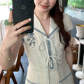 Coastline Korean Style Striped V-Neck Dress with Puff Sleeves, Fitted A-Line