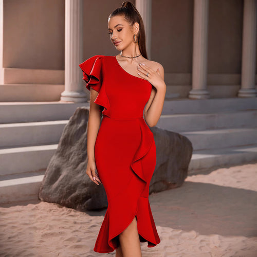 Women's One-Shoulder Ruffle Elegant Evening Gown Party