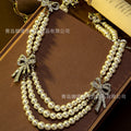 French Rhinestone Bow Double-Layer Necklace Vintage Breeze Earrings Jewelry Set Sweet Premium Necklace Women
