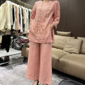 Spring-Summer Casual Fashion Linen Cotton Embroidered 3/4 Sleeve Wide Leg Pants + Pants + Top Set