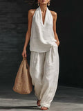 Summer Old Money Relaxed Linen Short Sleeve V-Neck Loose Wide Leg Pants + Top 2-Piece Set