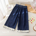 Girls' Cartoon Embroidered Lace Wide-Leg Jeans