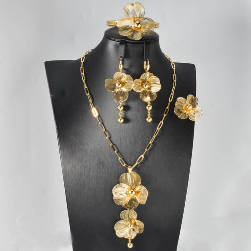 Personality 18K Overseas Dubai Gold Necklace Bracelet Set Earrings Bride Knot Wedding Women Wedding Accessory Set Jewelry