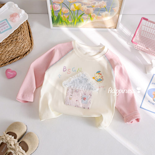 Girls' Contrast Raglan Cartoon Print T-Shirt