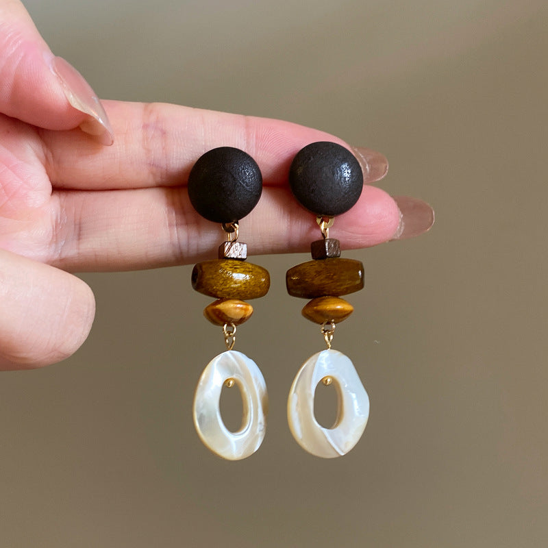 Vintage Wooden and Shell Round Stud Earrings - view 2