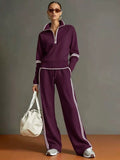 Sporty Casual Stand Collar Color-Block Wide Leg Pants + Hoodie 2-Piece Set