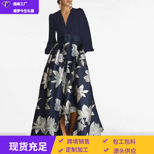 欧美亚马逊礼服2026新款长款拼接V领长袖印花气质优雅时尚连衣裙