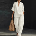 Summer Old Money Relaxed Linen Short Sleeve V-Neck Loose Wide Leg Pants + Top 2-Piece Set