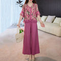 Women's Summer Ethnic Artistic Short Sleeve V-Neck Loose Wide Leg Pants + Top 2-Piece - Rose Red Set