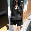 Spring-Summer K-Pop Japanese Chiffon Long Sleeve V-Neck Lace Trim Floral Shirt