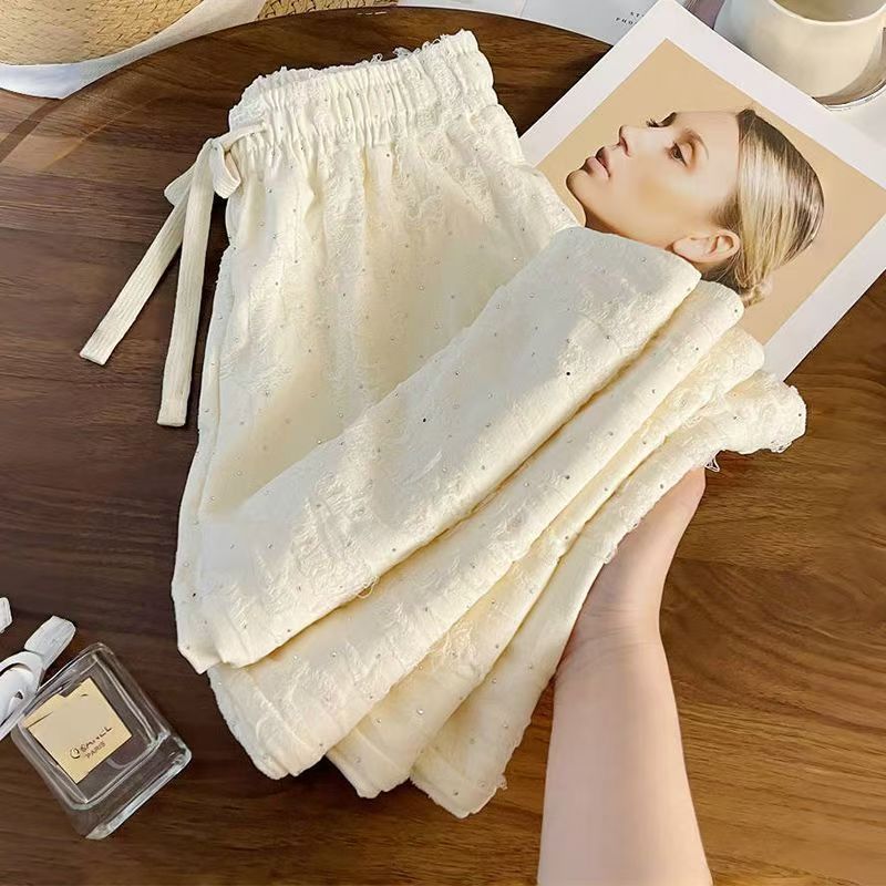 Summer Sporty Drapey Crystal Elastic Straight Leg Wide Leg Pants + Pants