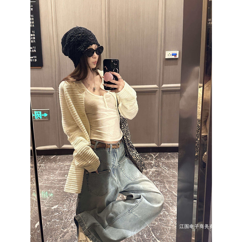 Women's Spring-Summer Korean Relaxed Crochet Knit Hollow-Out Crochet Cardigan + Jacke - White
