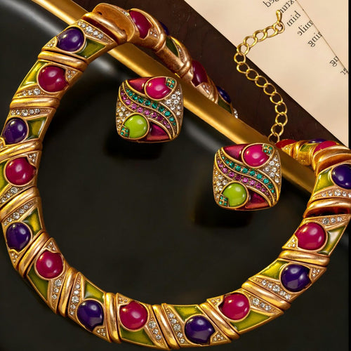 Vintage Imperial Colorful Necklace Retro Elegant Fashionable Versatile Accessory Set Rhinestone Slub Necklace