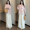 Early Spring New Chinese Fashion Frog Button Printed Loose Wide Leg Pants + Top 2-Piece Set