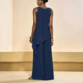 Women's Office Minimal Sleeveless Crew Neck High Waist Asymmetric Wide Leg Pants + Ta - Navy