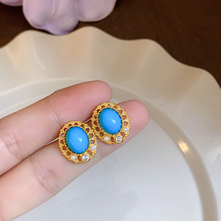 French Blue Geometric Vintage Stud Earrings - view 4