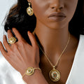 Dubai Overseas Cutout Mini Set Two-Tone Crystal La Dial Pendant Necklace Bracelet Set Earrings Ring India Jewelry Set Women