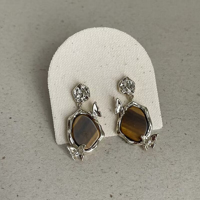 18K Gold-Plated Zircon Butterfly Tiger's Eye Stud Earrings - view 7