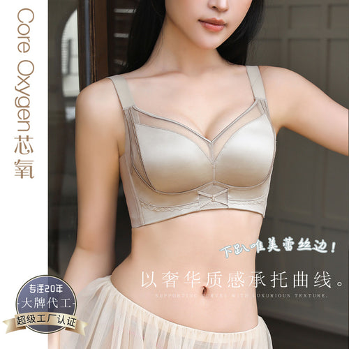 宫廷风蕾丝拼接缎面聚拢提拉抗菌按摩杯调整型提拉内衣女无钢圈