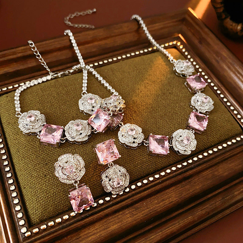 Vintage Rhinestone Flower Necklace and Earring Set - view 3
