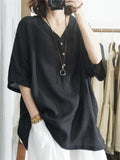 Summer Korean Casual Plus Size Linen Cotton V-Neck Loose Shirt