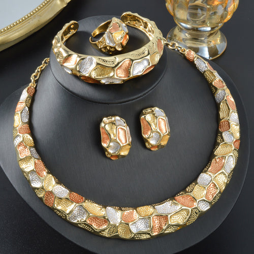 India Bride Jewelry 3 Color Bead Gem Design Piece Form Texture Solid Dry Necklace Bangle Earrings Ring Set