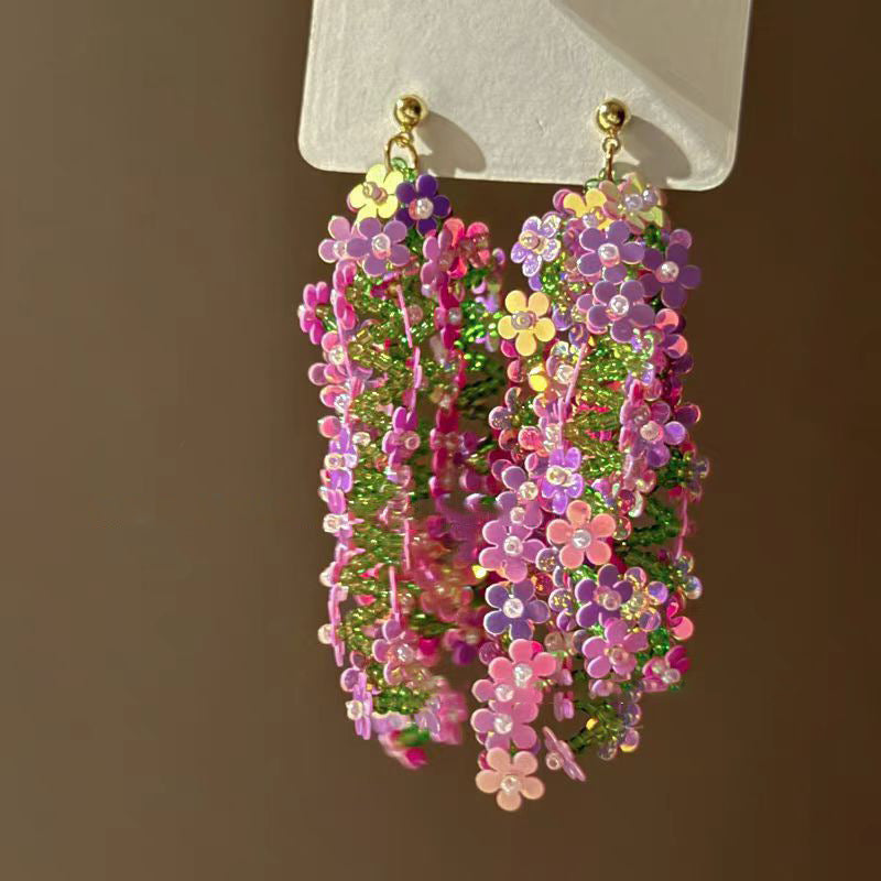 Seed Bead Sequin Flower Tassel Earrings - view 2
