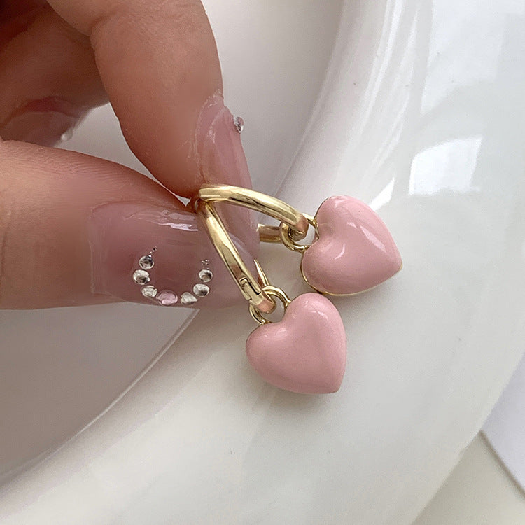 Pink Enamel Heart Huggie Hoop Earrings - view 2