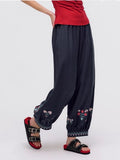 Women's Bohemian Ethnic Embroidered V-Neck Shirt + Pants 2-Piece Set 2026 - Navy Top