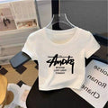 Cotton Crop Top - White Round Neck Slim Fit Short Sleeve Cropped Shirt Women