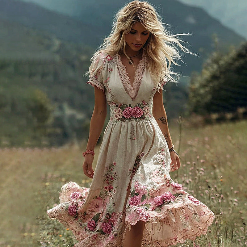 V-Neck Short Sleeve Midi Dress - Creative Tribal Print Summer Dress Women