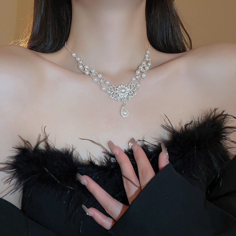 French Rhinestone Teardrop Flower Pearl Necklace - view 7