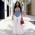 New Best-Selling V-Neck Camisole Top + Pleated Denim-Chiffon Wide Leg Pants Set