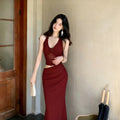 Red Floral Backless Halter Bodycon Long Dress, Summer