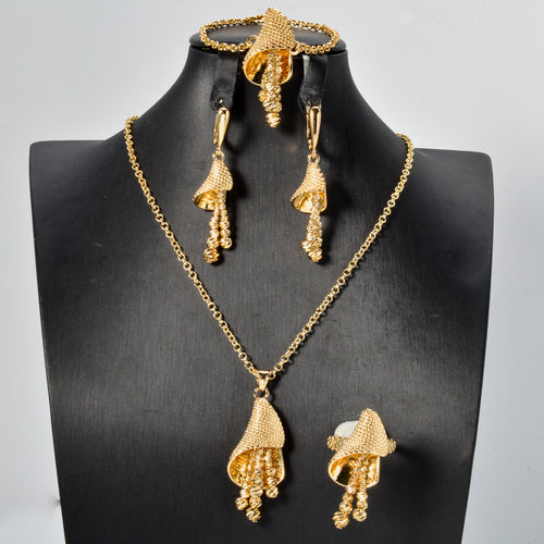 Overseas Western Dubai Gold Flower Beaded Fringe Pendant Necklace Bracelet Set Earrings Ring Wedding Banquet Set