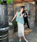 Brightening Relaxed Sleeveless Pleated Fringe Skirt + Top Set