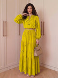 Fall Gentle Lantern Sleeve Crew Neck High Waist Fitted Shirt + Skirt Set