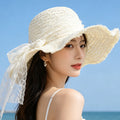 新款甜美大蝴蝶结遮阳草帽女 时尚气质大帽檐太阳帽户外防晒帽子